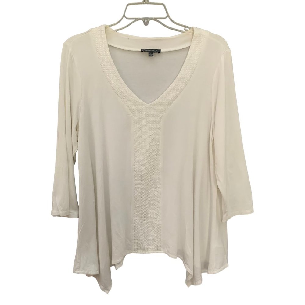 Adrianna Papell Anthropologie Women's size L White 3/4 Sleeve V-Neck Blouse
